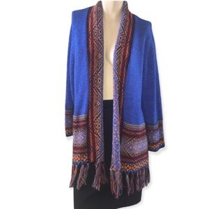Beautiful Blue Open Front Cardigan with Aztec Design and Fringe on Hem